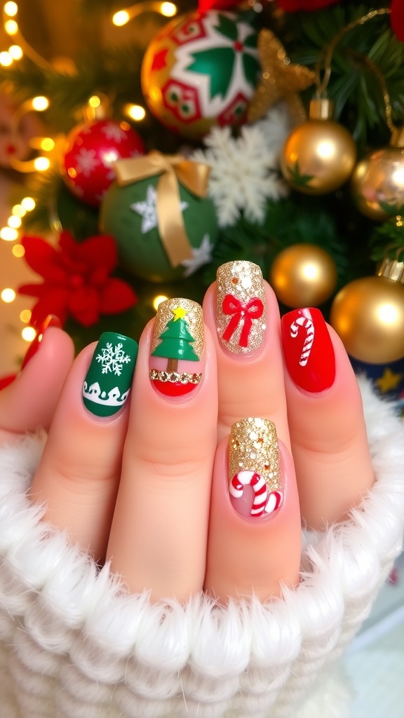 A collection of Christmas-themed nail art designs in red, green, and gold with festive decorations.
